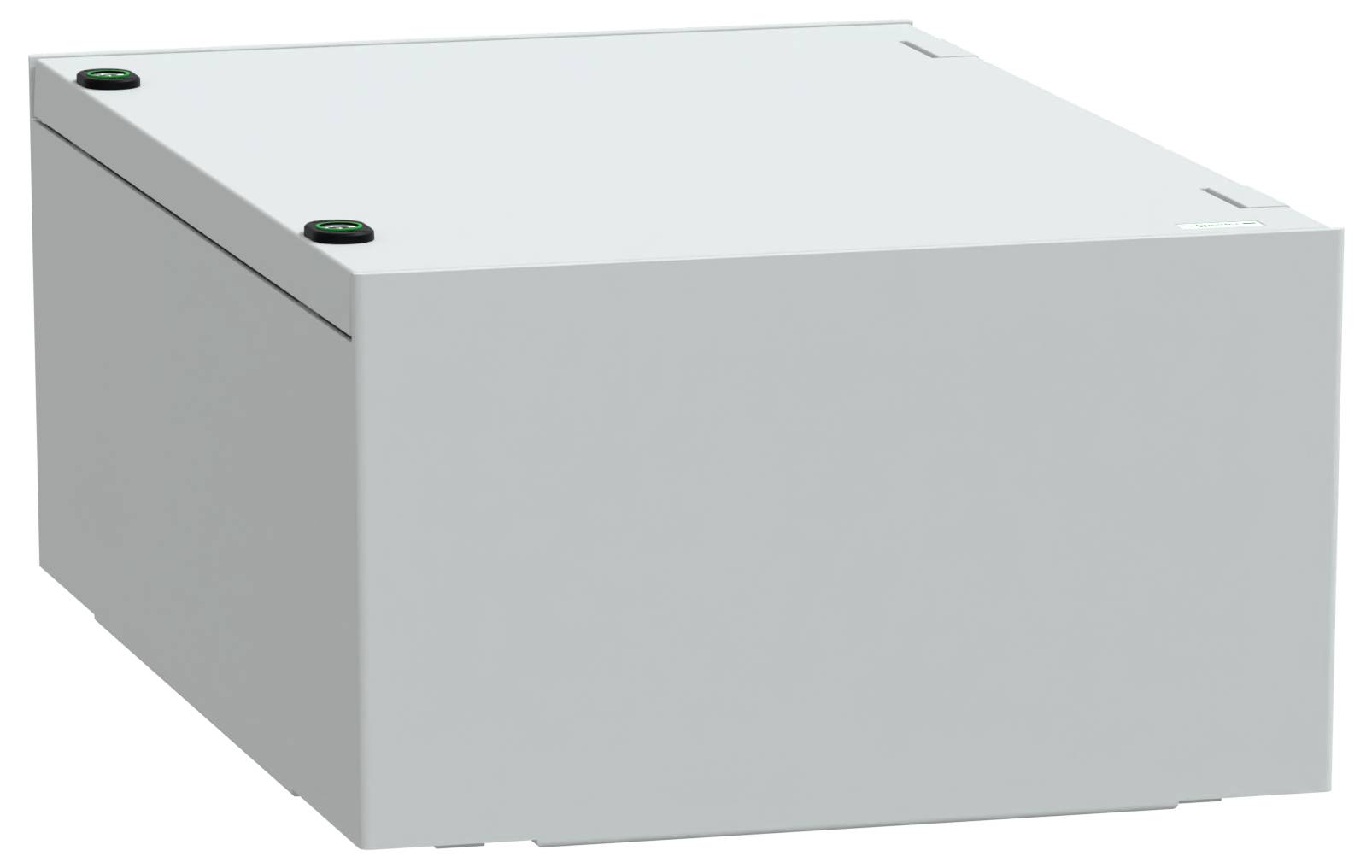 A plain, closed, rectangular metal box with two circular black buttons on its top surface, likely used for housing electronic components.