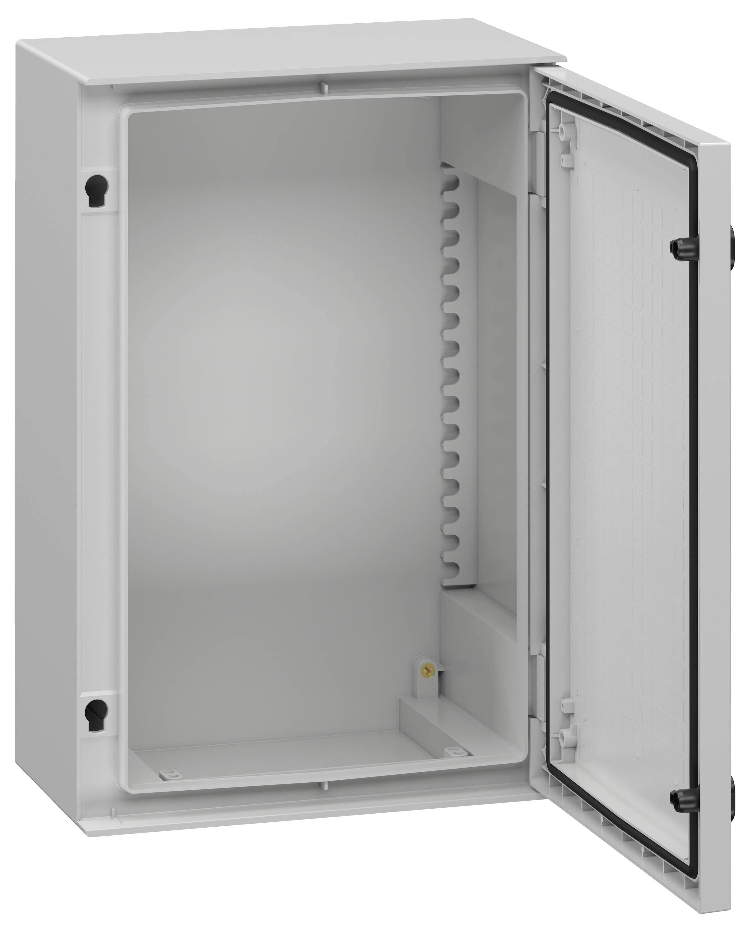 An open, empty white cabinet with a perforated panel inside and a hinged door, designed for housing electrical components.