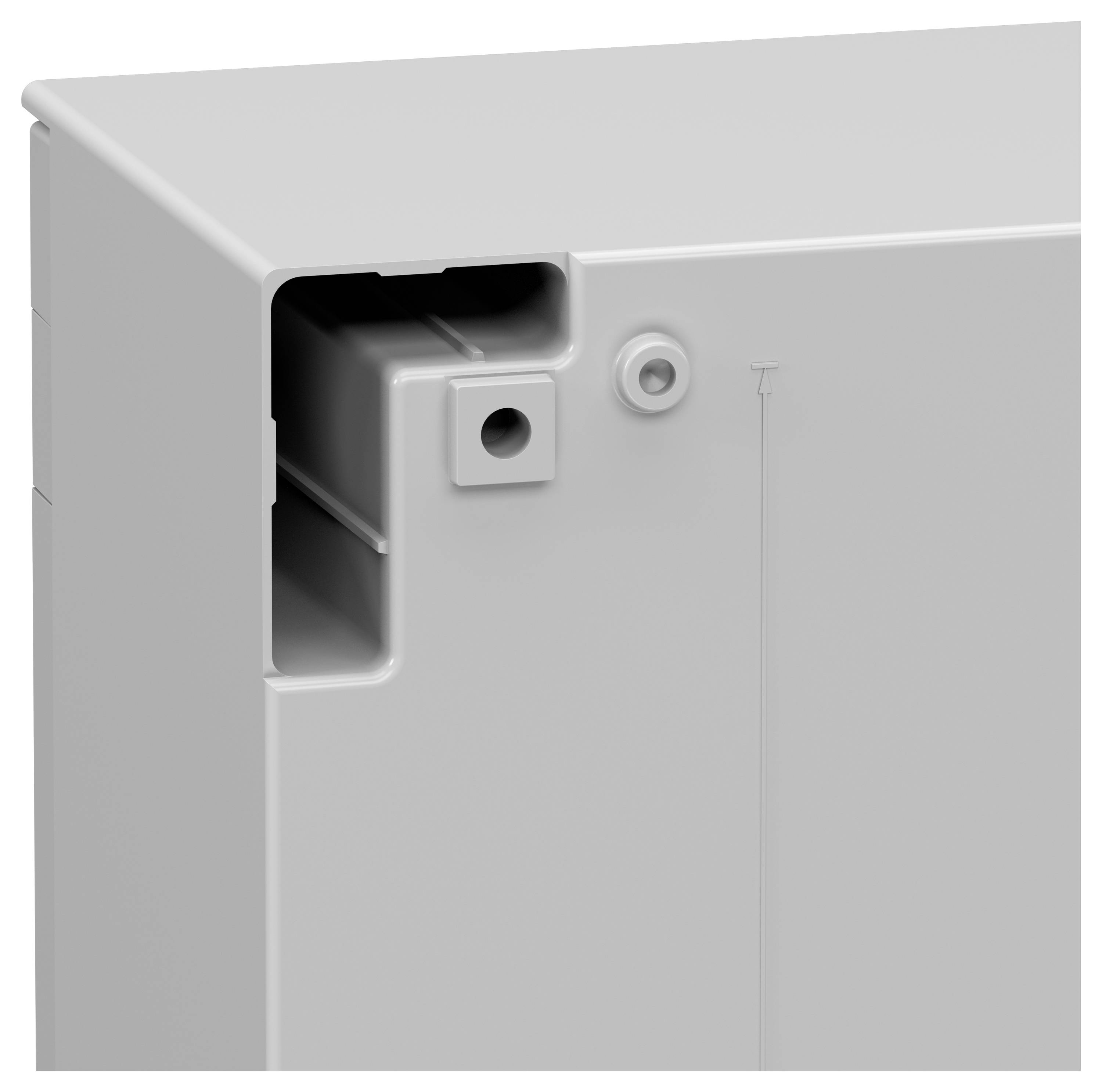 The image shows a close-up of a metallic box corner, highlighting the structural design with a small hole and cutout on the side.