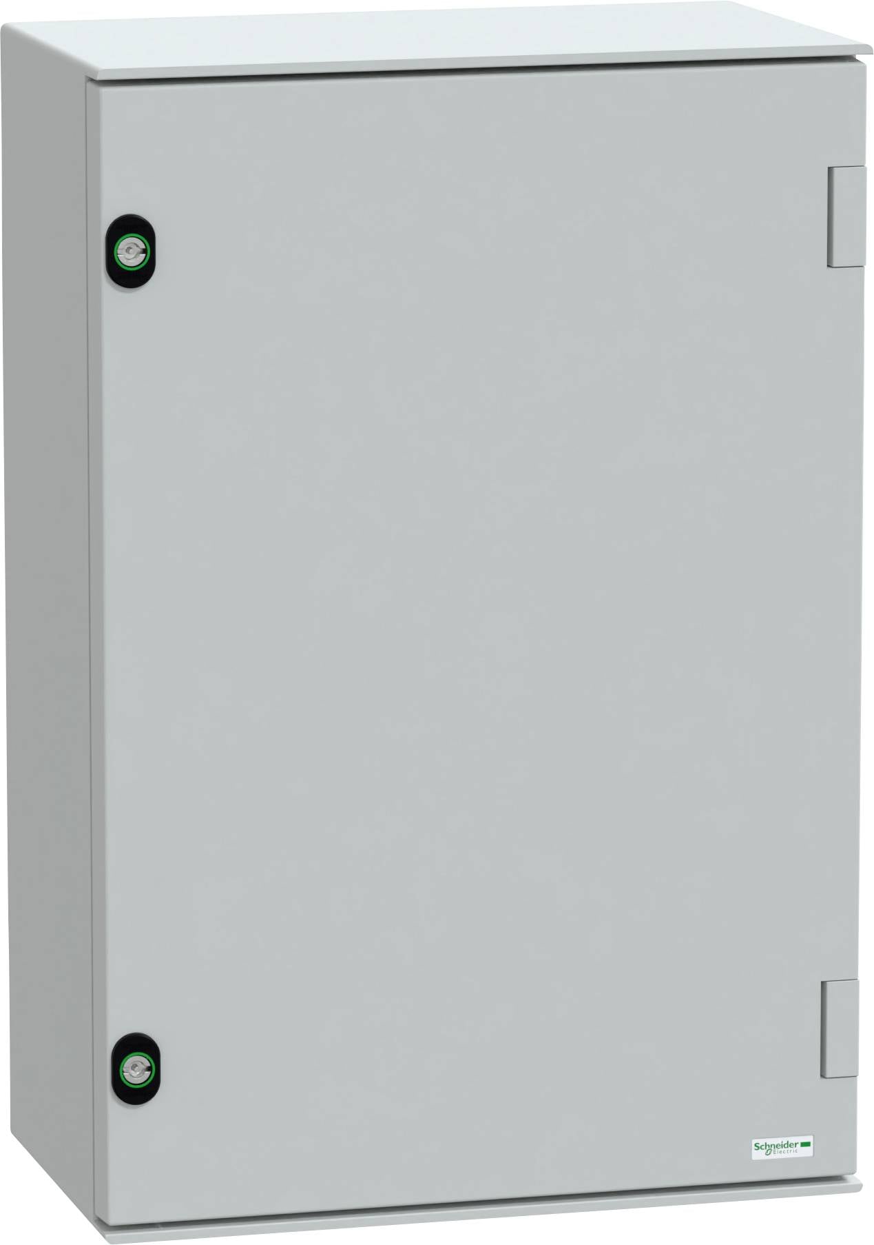 A plain gray metal electrical enclosure with two circular locks, featuring a logo in the bottom right corner.