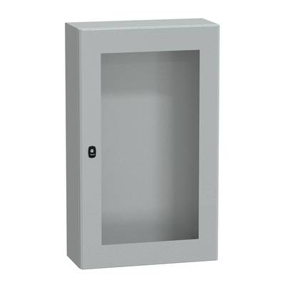 A rectangular, silver metal cabinet with a large glass window in the door, suitable for storing or displaying objects.