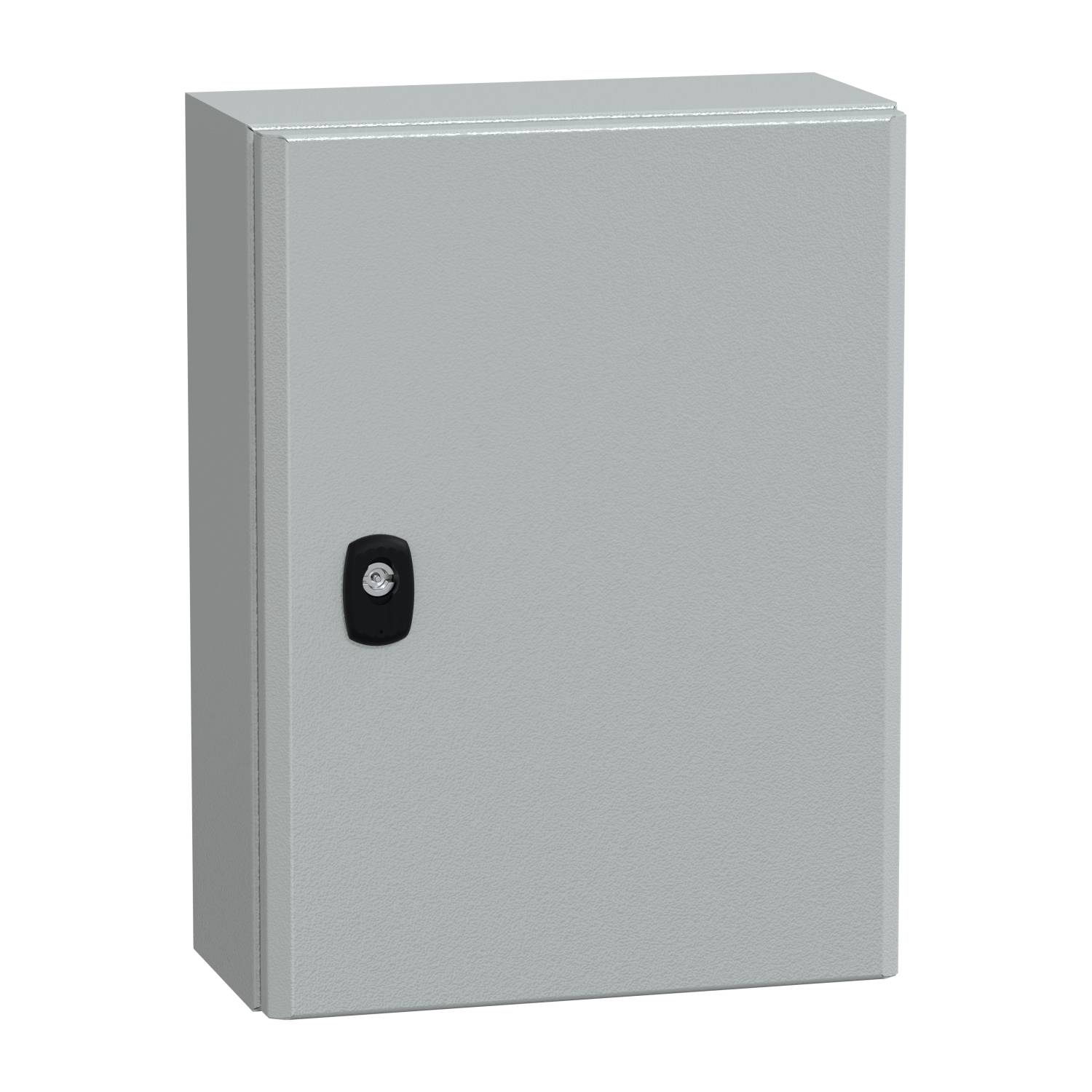 A grey metal cabinet with a black lock on the front. The cabinet is rectangular and designed for secure storage.