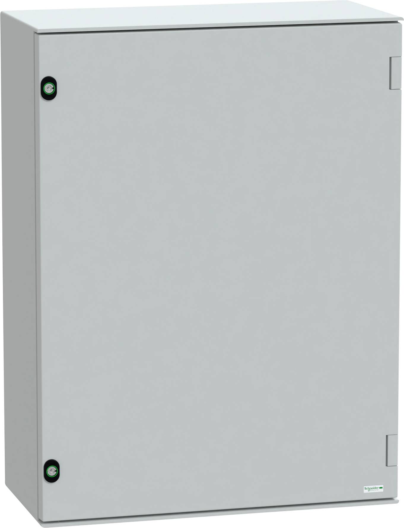 A gray electrical enclosure cabinet with two circular locking mechanisms and a hinged door, used for housing electrical components.