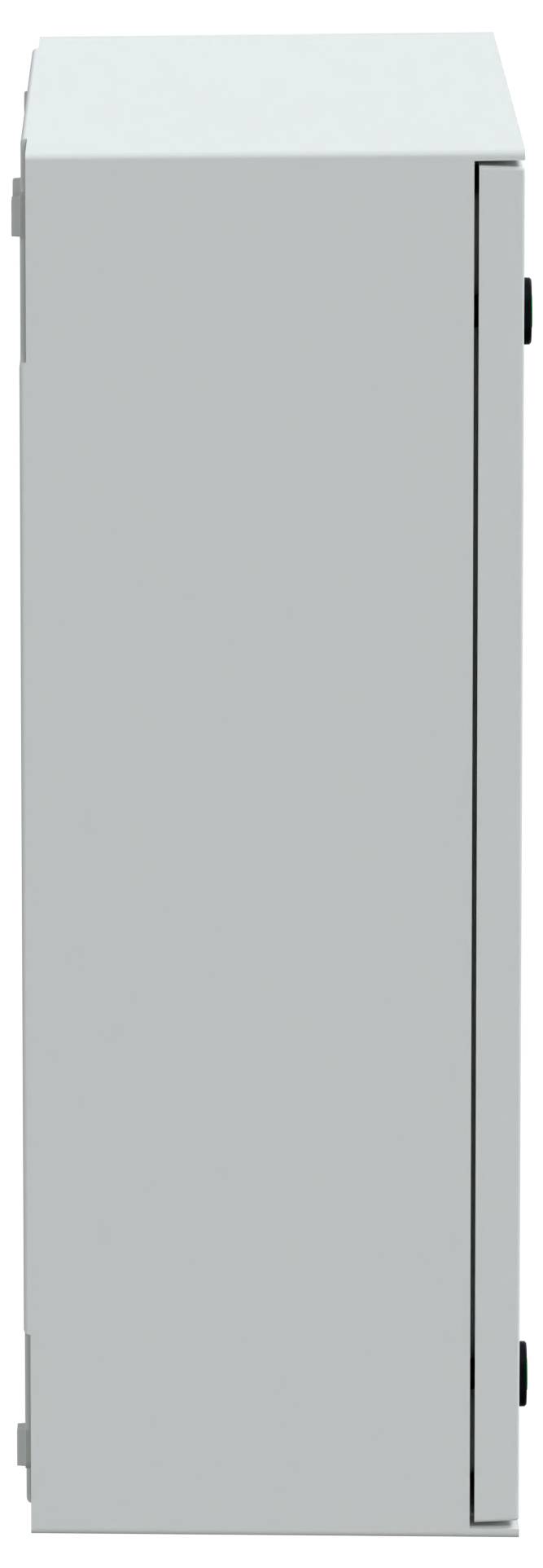 Side view of a gray, closed rectangular metal cabinet with a smooth surface, plain design, and thin vertical hinges on the side.