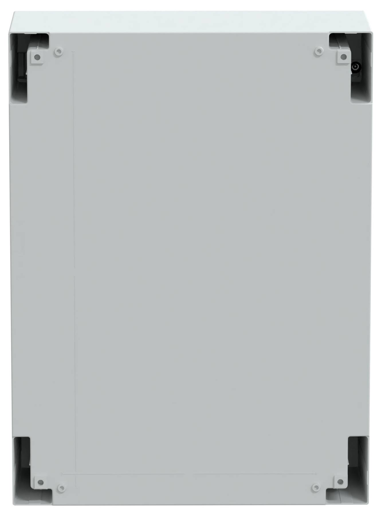 A large, rectangular, gray metallic box with visible screws at the corners, likely used as an electrical enclosure or cabinet.