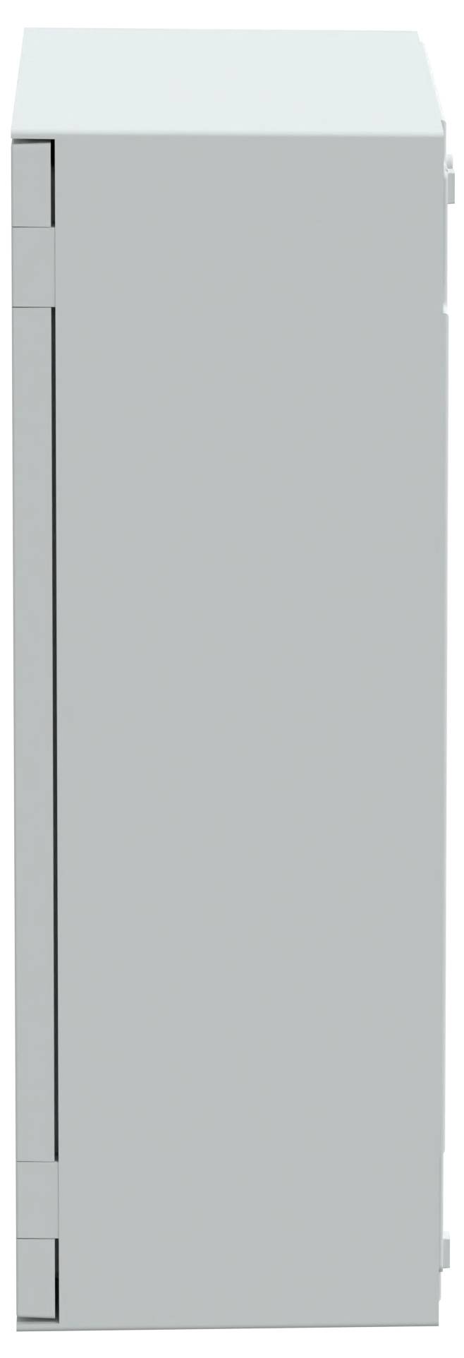 A tall, thin gray cabinet viewed from the side showing only the plain surface, with visible hinges on the left side.