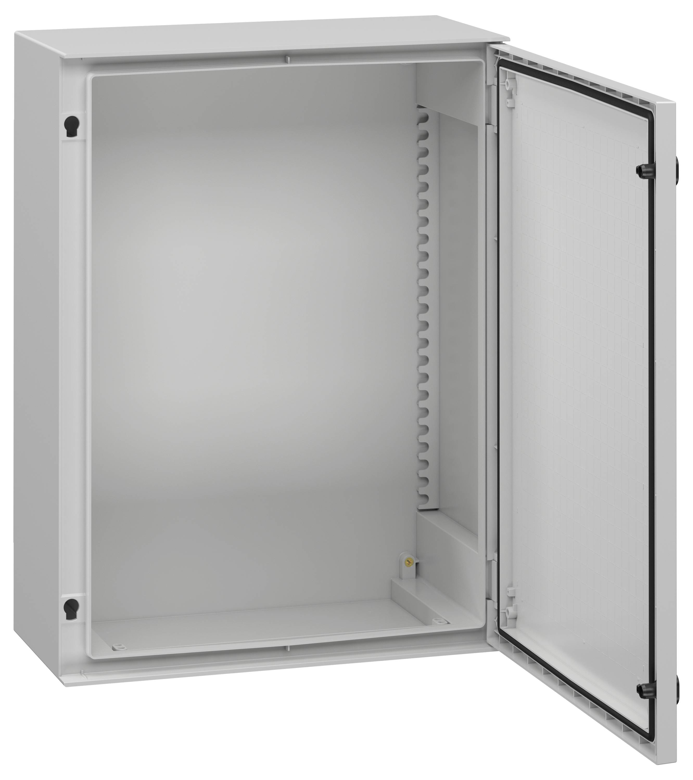 An open, empty metal cabinet with a hinged door on the right, showing a series of mounting slots along the inner side.