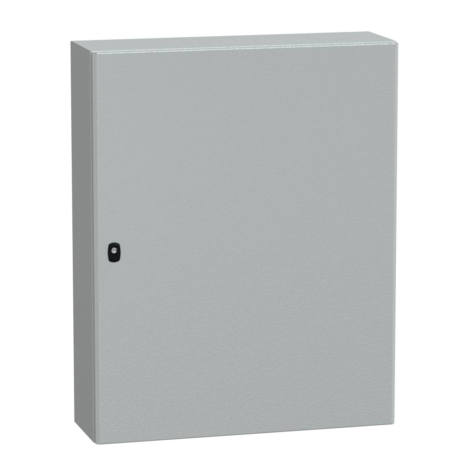 A grey metal cabinet with a locked door and visible handle.