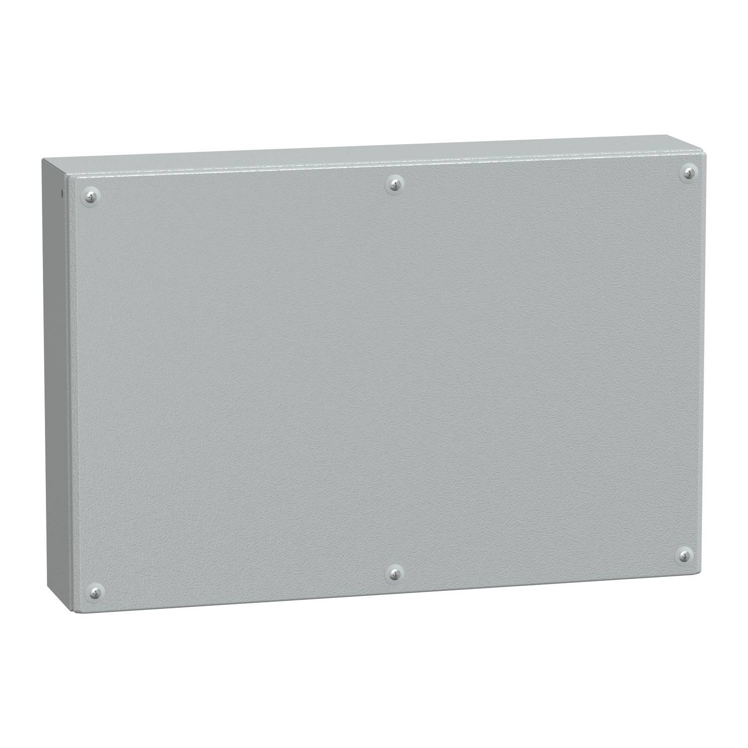 A rectangular, grey metal box with screws at the corners, likely an enclosure or control cabinet for technical applications.