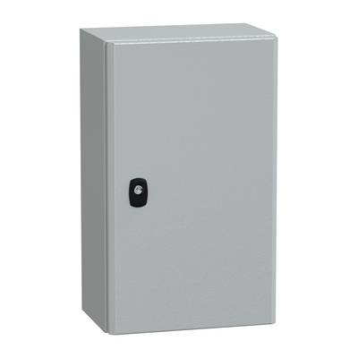 A grey metal electrical cabinet with a black door lock, commonly used to secure electrical circuits.