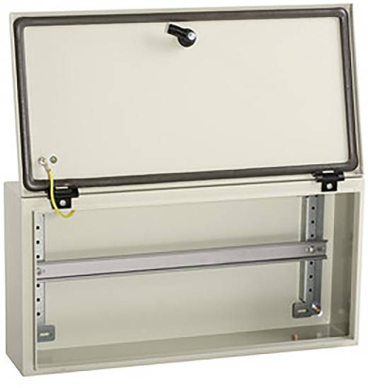 Metal enclosure with an open lid, showing internal rails for device mounting. Lid with rotary handle and earthing connection.