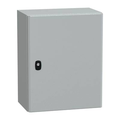 A grey metal cabinet with a locking mechanism, suitable for secure storage of items in industrial environments.