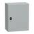 A grey metal cabinet with a locking mechanism, suitable for secure storage of items in industrial environments.