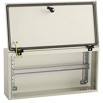 Electrical control panel with open lid, showing mounting rail and internal earthing cables, ready for electrical component installation.
