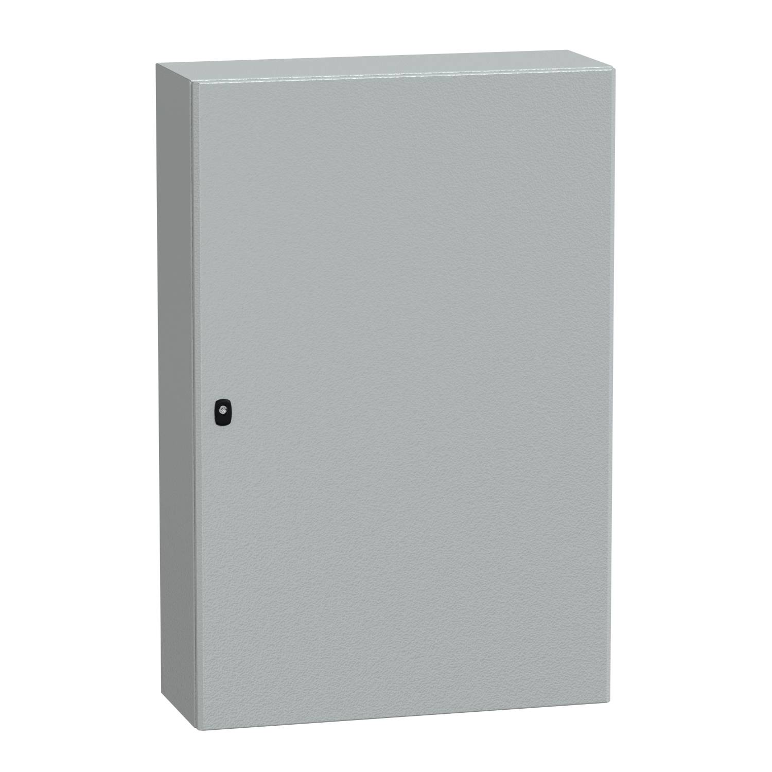 A rectangular grey metal cabinet that can be wall-mounted. It has a door with a small black handle.
