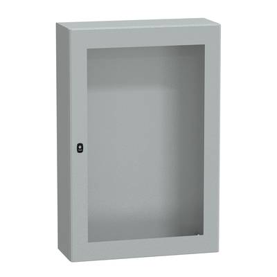 An empty, rectangular, grey wall-mounted cabinet with a glass door and a small lock on the left-hand side.