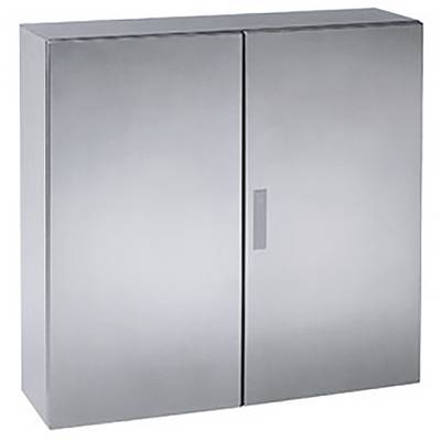 Metal cabinet with two doors and a simple handle on the right-hand door.