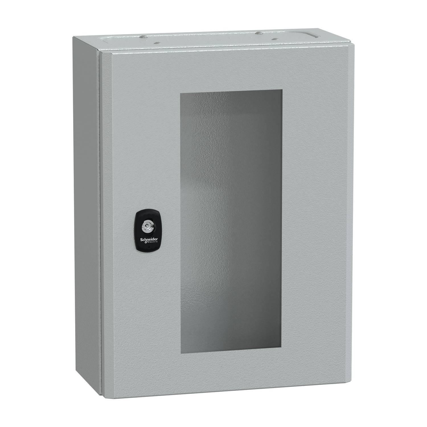 Grey metal cabinet with transparent window and central lock. Suitable for storing electrical components.