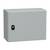 Grey rectangular metal cabinet with a black lock on the front, suitable for storing electrical equipment.