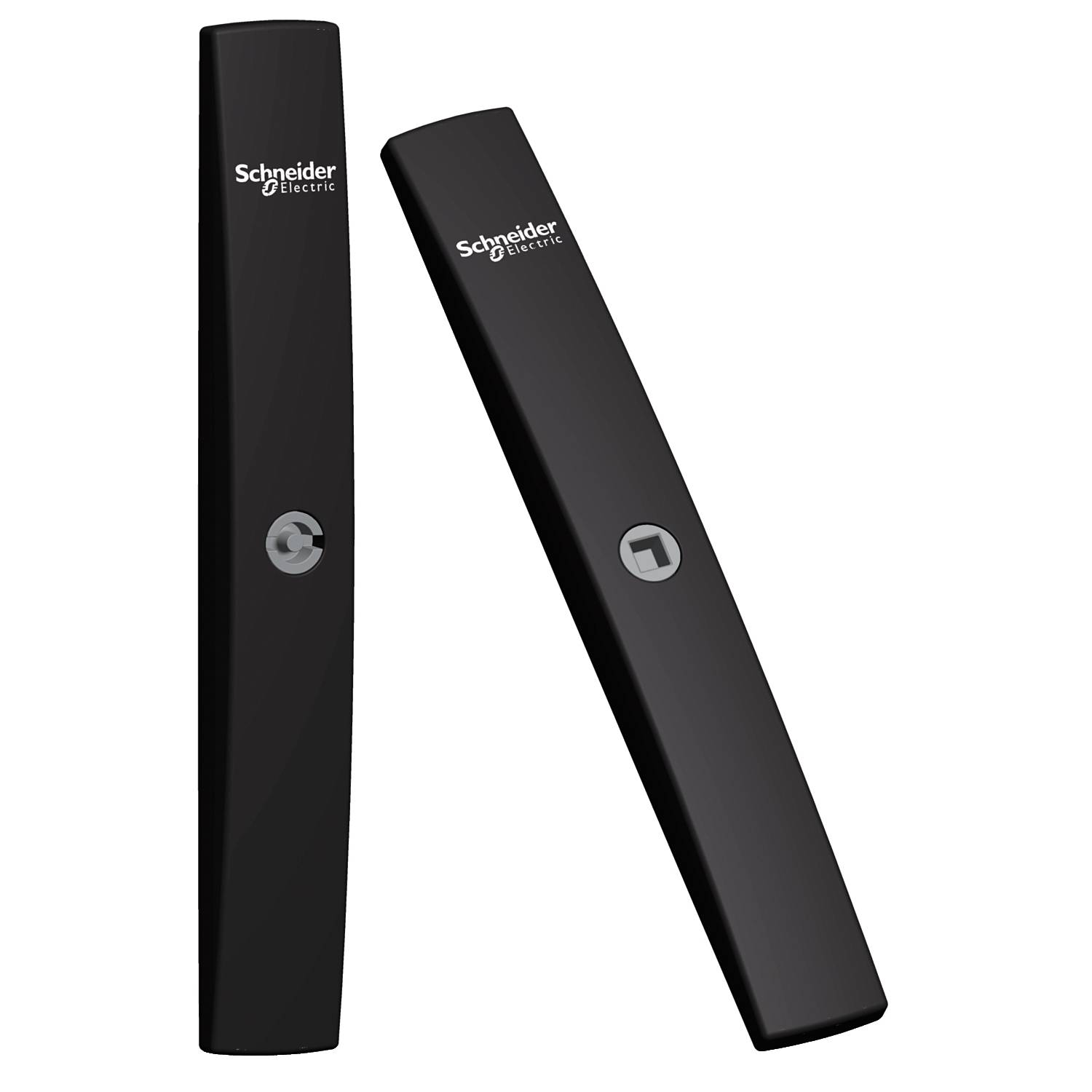 Two black switches by Schneider Electric, one with a circular symbol, the other with a square symbol.