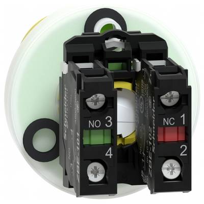 Black push-button contact block with terminals labeled NO 3, 4 and NC 1, 2, mounted on a circular base.<br>