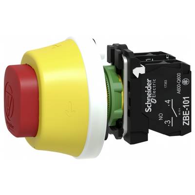 Industrial emergency stop push button with red mushroom cap, yellow safety collar, and Schneider Electric switch module.