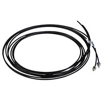 A long, black cable with two stripped ends and metal connectors, coiled in a circle, lies on a neutral background.