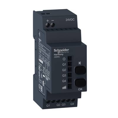 Electronic control unit by Schneider Electric, Harmony ZBRRC model, with connection terminals and LED indicators for Q1 to Q4.