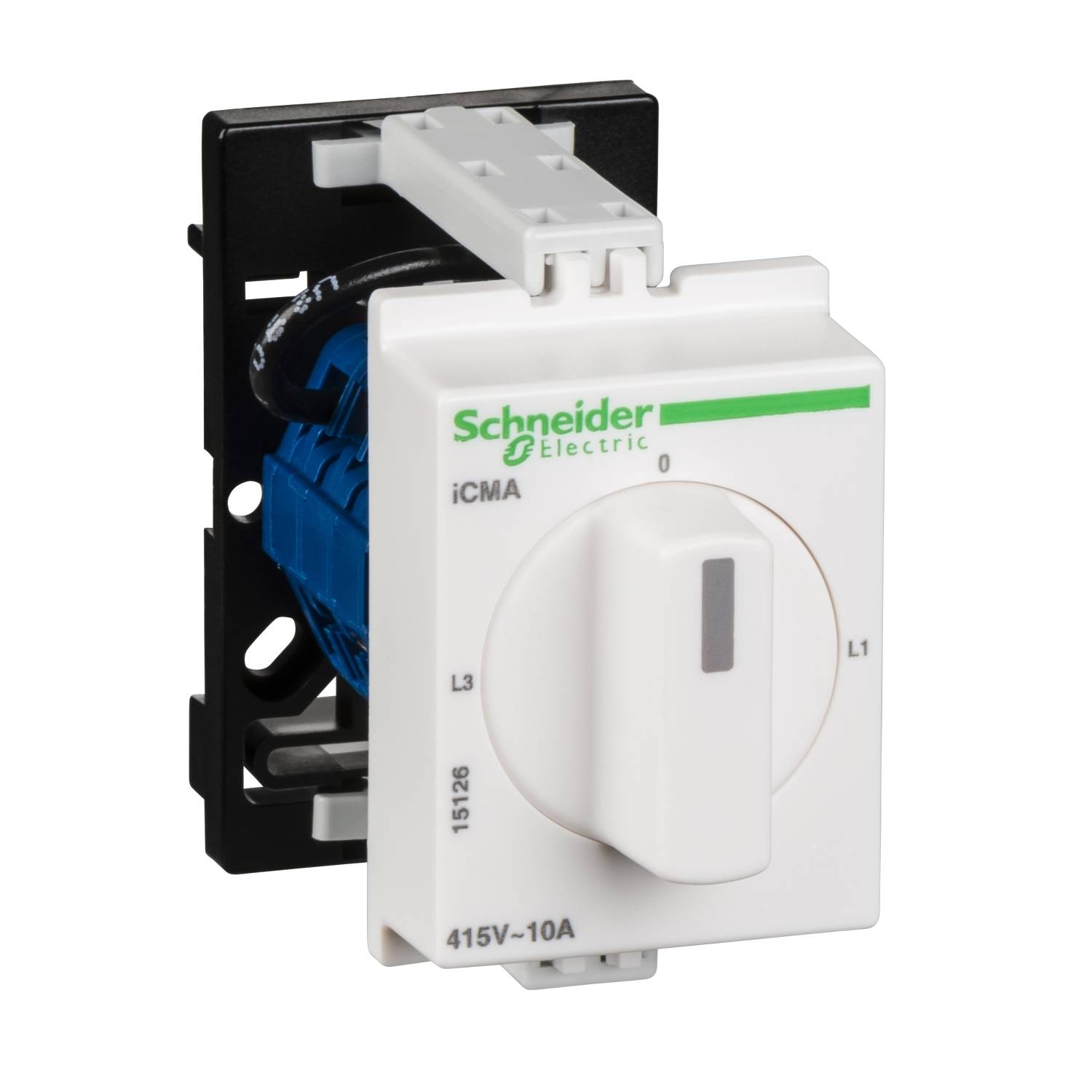 Switch from Schneider Electric with iCMA labelling and scale from L0 to L3, suitable for 415V and 10A, installed in a black mounting bracket.