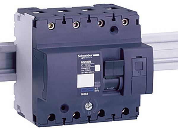 A black circuit breaker from Schneider Electric is mounted on a metal rail. It has multiple connection terminals.