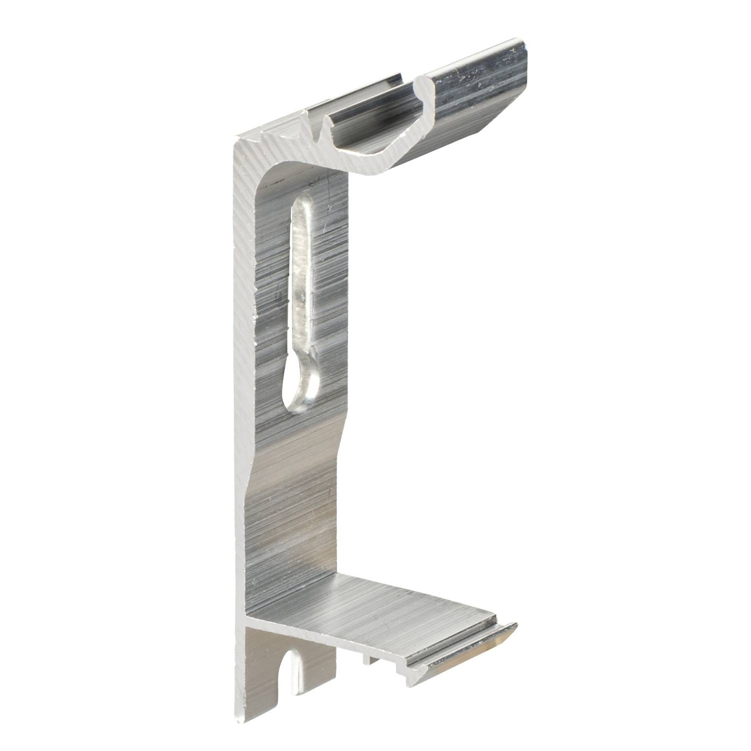 Metal L-shaped clip, used for locking or securing panels, with a slot for screw mounting.