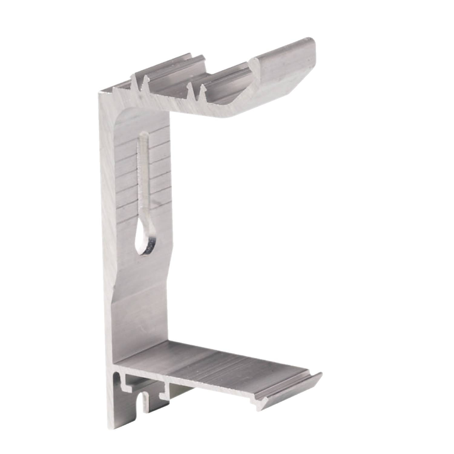 Stainless steel angle bracket with slot and hook, likely for fixing or supporting in a construction.