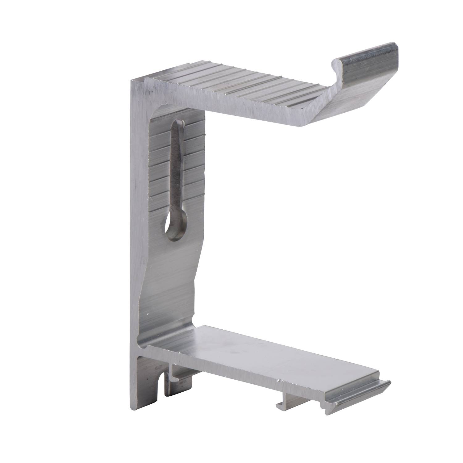 Metal mounting bracket with toothed top section and slot for mounting purposes, suitable for attachment to vertical surfaces.