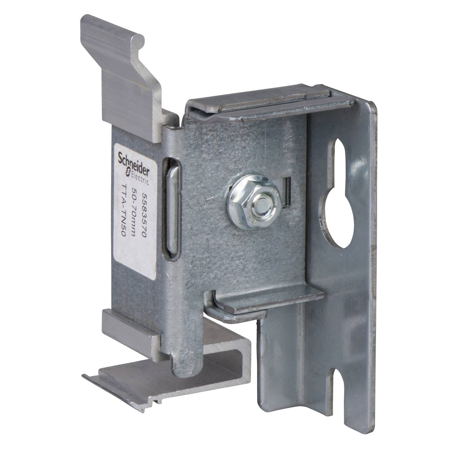 Metal mounting bracket by Schneider with a central screw, used for securing electrical components to a mounting frame.