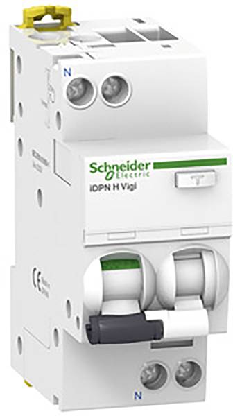 A two-pole circuit breaker from Schneider Electric 'iDPN H Vigi' with toggle switch, LED indicator and wiring terminals.