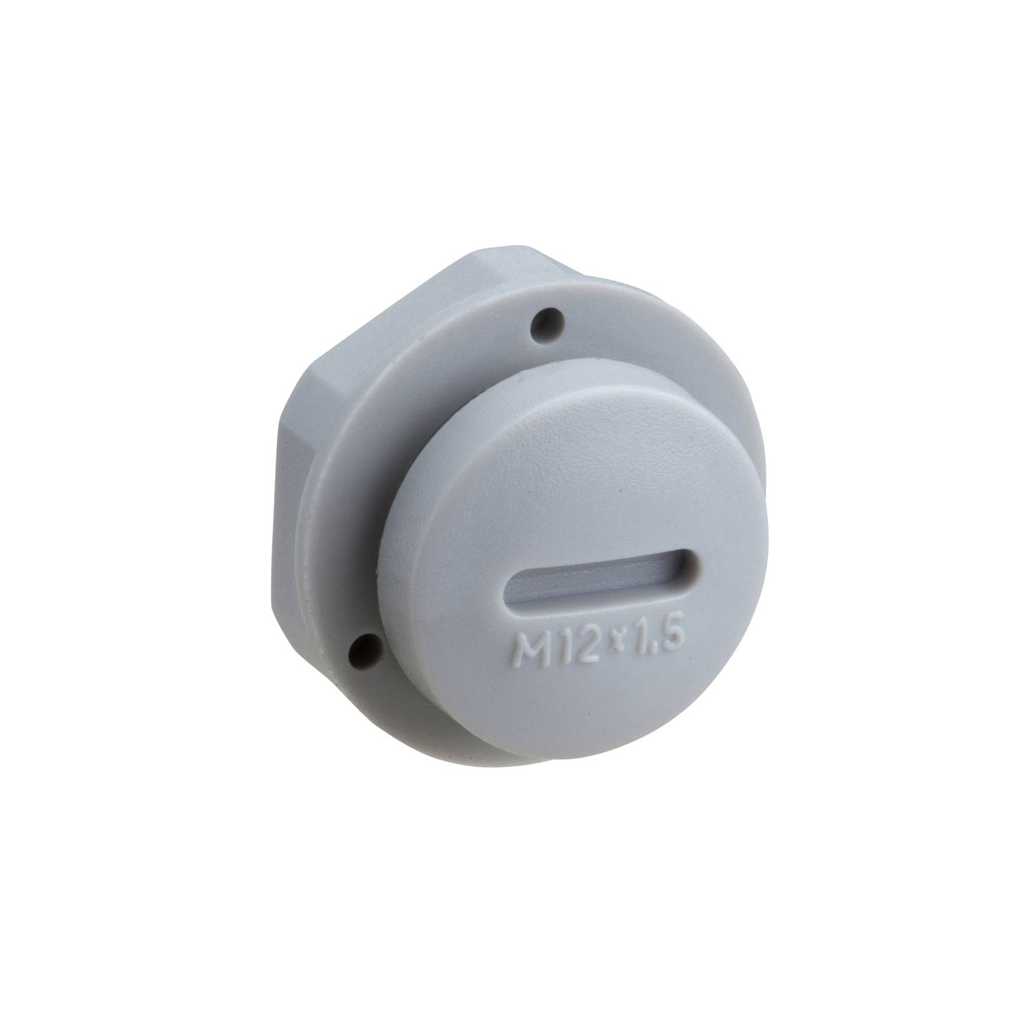 Grey round plastic blanking plug with a slot, marked with 'M12x1.5'.