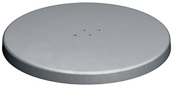 Grey, round platform with a smooth surface and a small protrusion in the centre; potentially a base or a stand component.