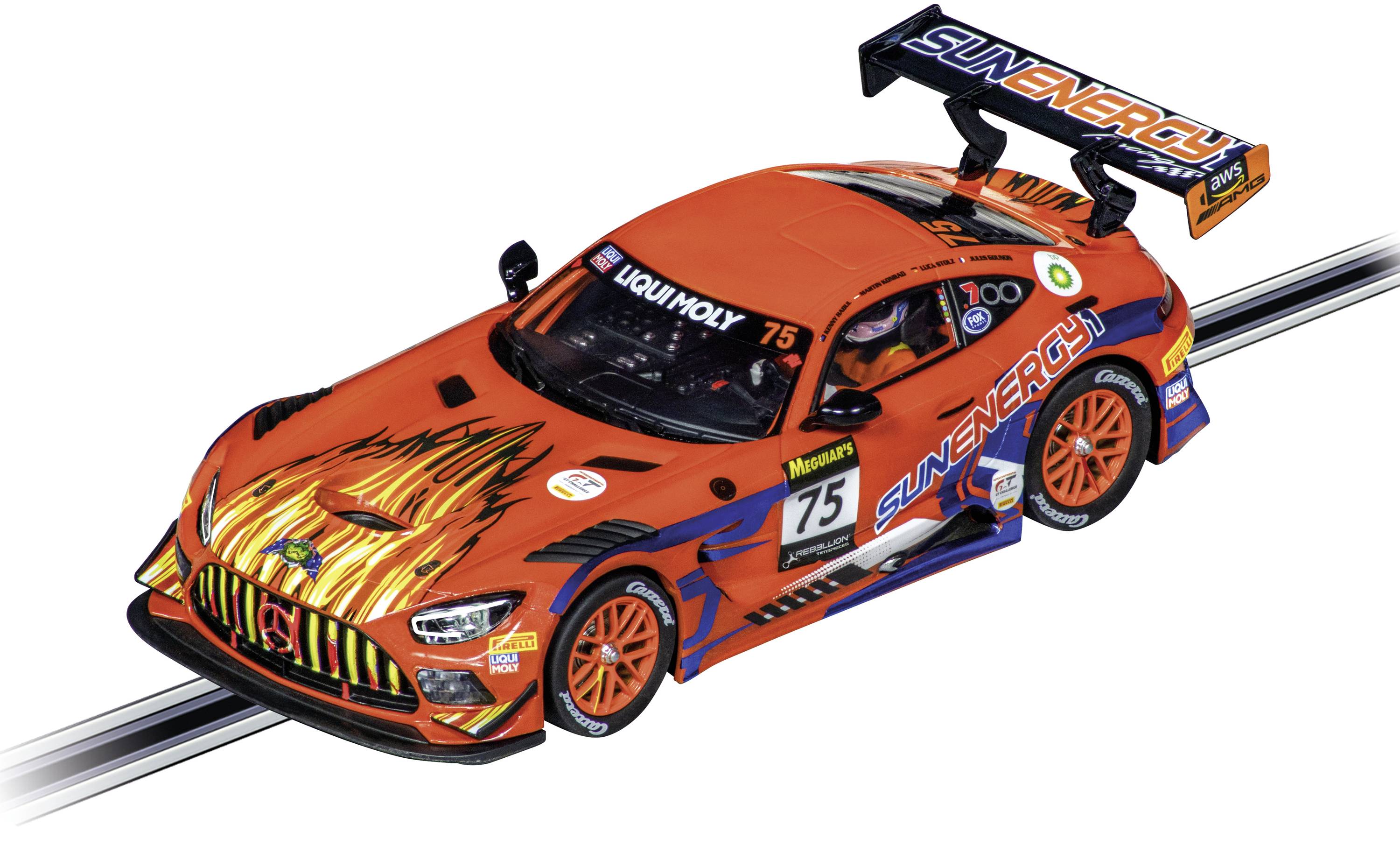 Racing car in SunEnergy design on a race track, with a striking orange chassis featuring a flame pattern, race number 75.