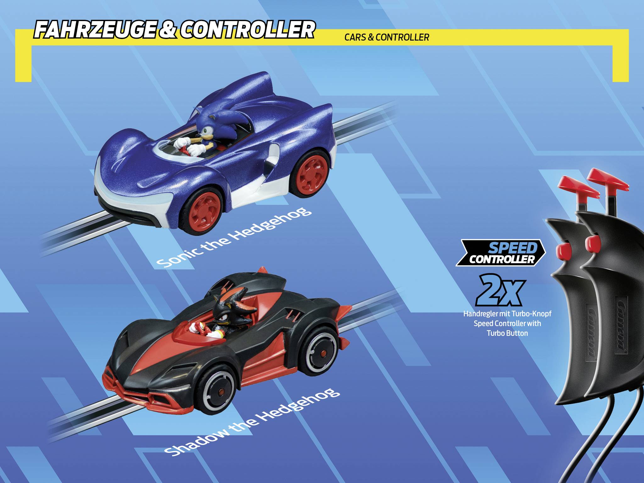 Two toy cars on racing tracks. One is blue with 'Sonic', the other black and red with 'Shadow'. Accompanying controller.