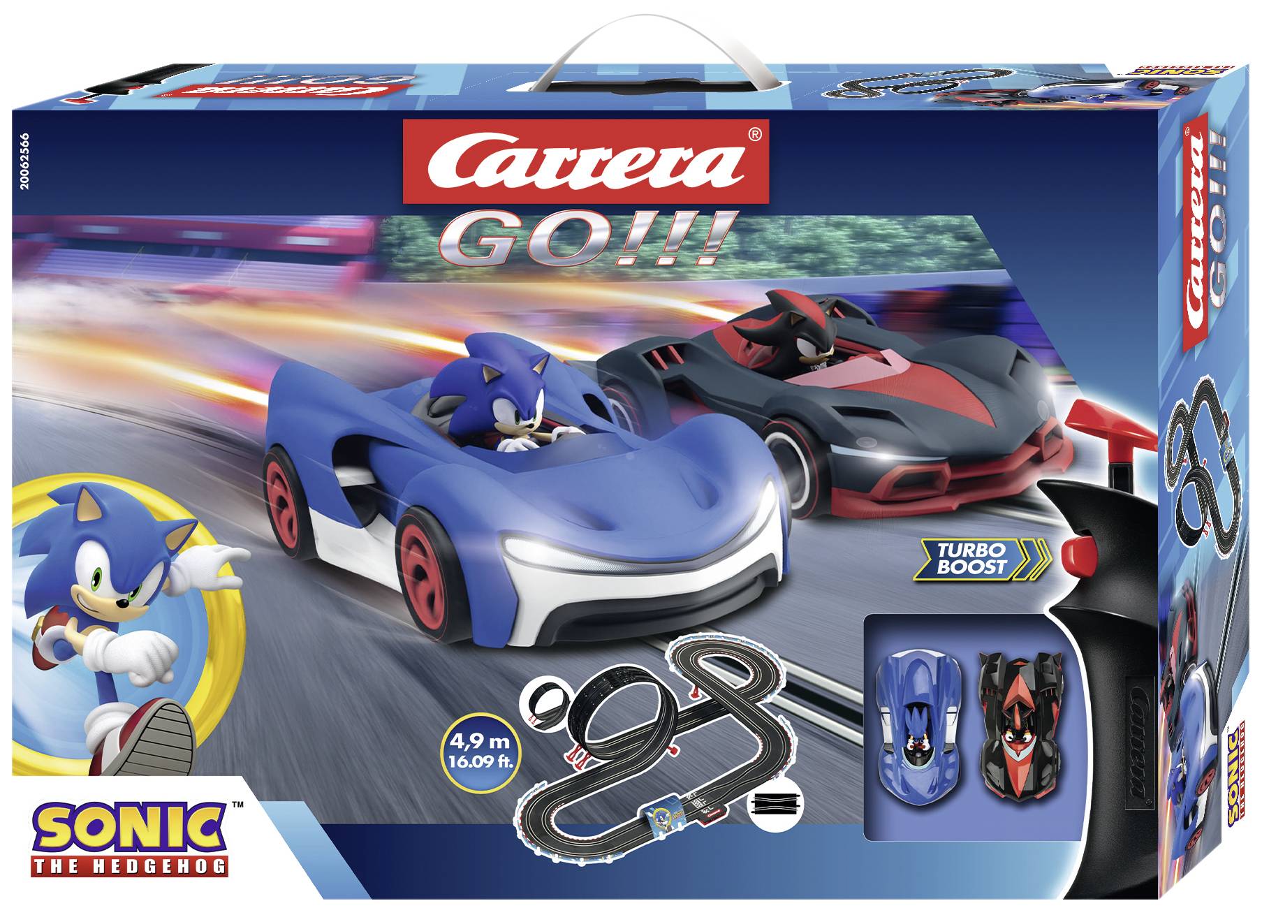Racetrack Set 'Sonic the Hedgehog' by Carrera. Box displays Sonic in a blue car and a red rival vehicle. With Turbo Boost, 4.9 m track.