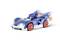 A blue character drives a fast, futuristic car with rotating wheels, leaving trails of speed.