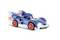 A blue toy racing car with red tyres, steered by a blue, anthropomorphic figure. The car appears to be travelling at high speed.