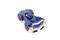 A blue toy car with red wheels and illuminated rear lights. Inside sits a figure in a seated position.
