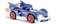 A blue toy racing car with red wheels, controlled by a blue spiky figure, shows movement through flames on its sides.