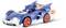 A blue racing car with red wheels, steered by an animated blue character, drives with flames shooting out of the exhaust.