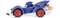 A blue, stylised racing car with red wheels is driving to the right. The car is occupied by an anthropomorphic figure with blue spikes.