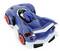 A blue toy car with red wheels and a seated blue character resembling a hedgehog, in a racing design.