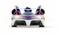 A blue and white toy car with a spoiler, rear lights, and two exhaust pipes, viewed from behind, on a white background.