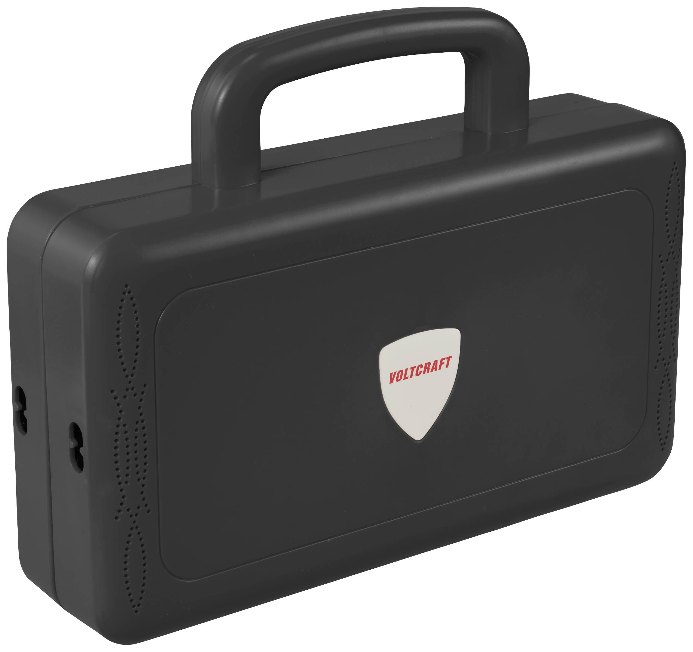 Portable black case with an oval handle and a red 'Voltcraft' logo printed on the front.