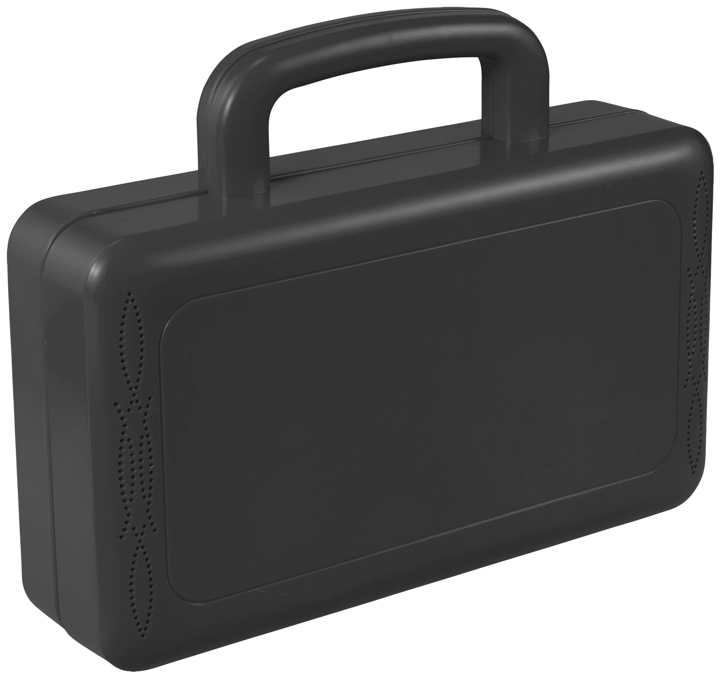 A black, rectangular suitcase with a handle, closed. It looks plain and functional.
